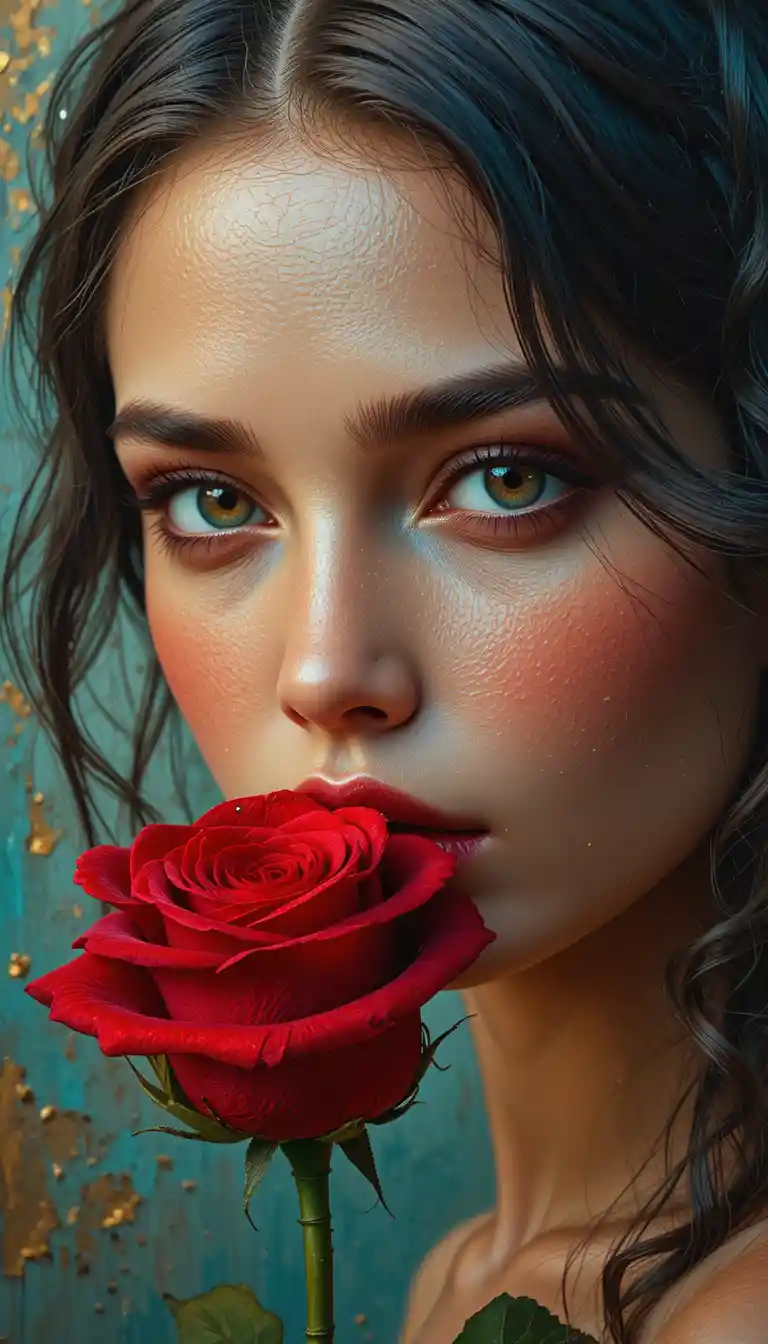 Romantic oil portrait of a girl with rose between lips