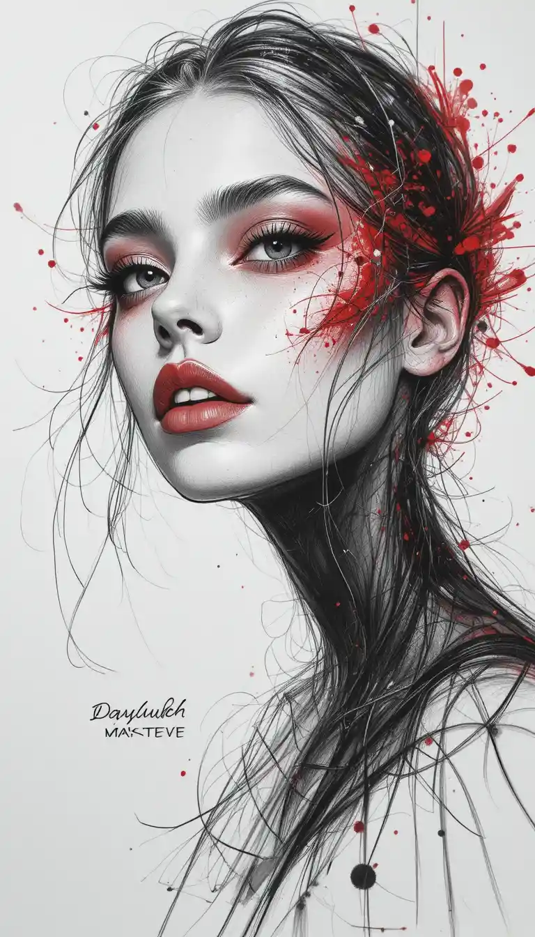 Pencil portrait of a European woman with bold red accents