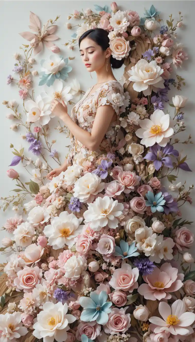 Spanish woman in luxurious floral haute couture portrait