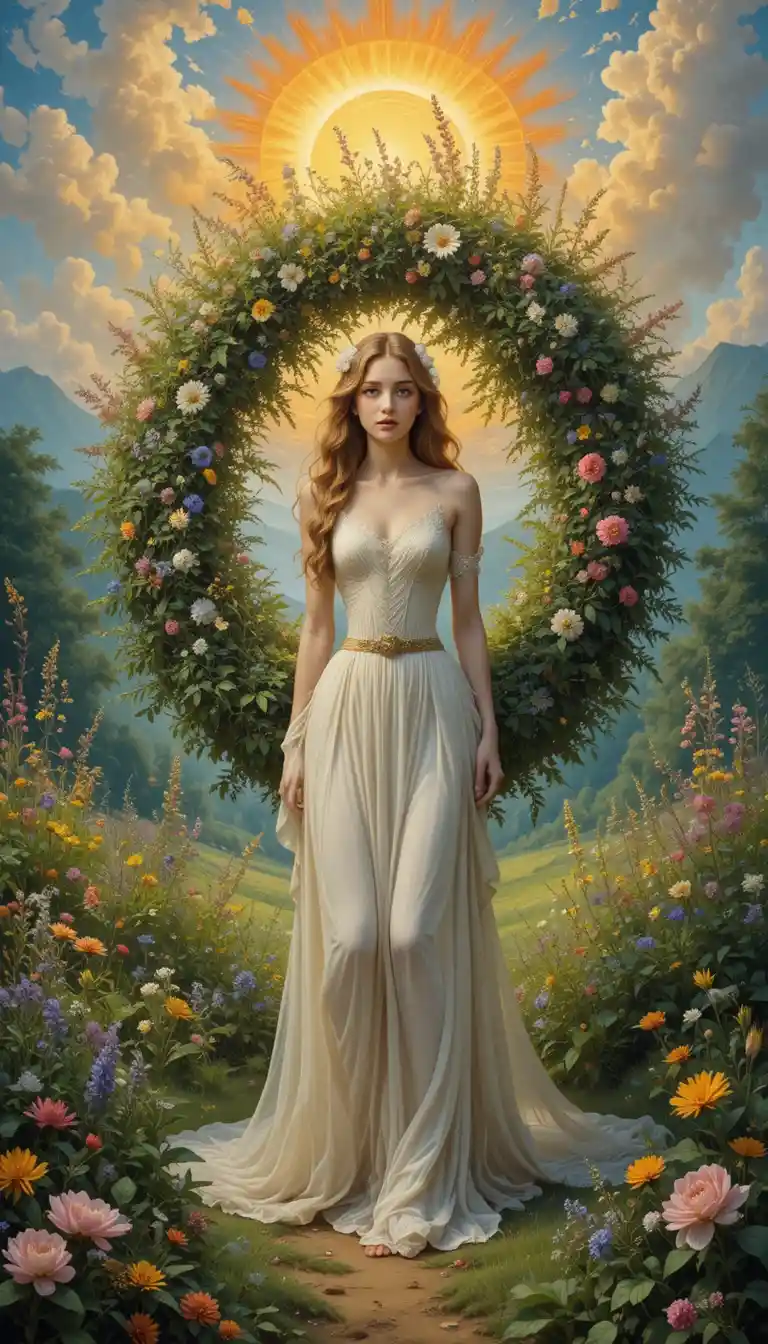 Midsummer wreath at sunrise in a rural countryside scene