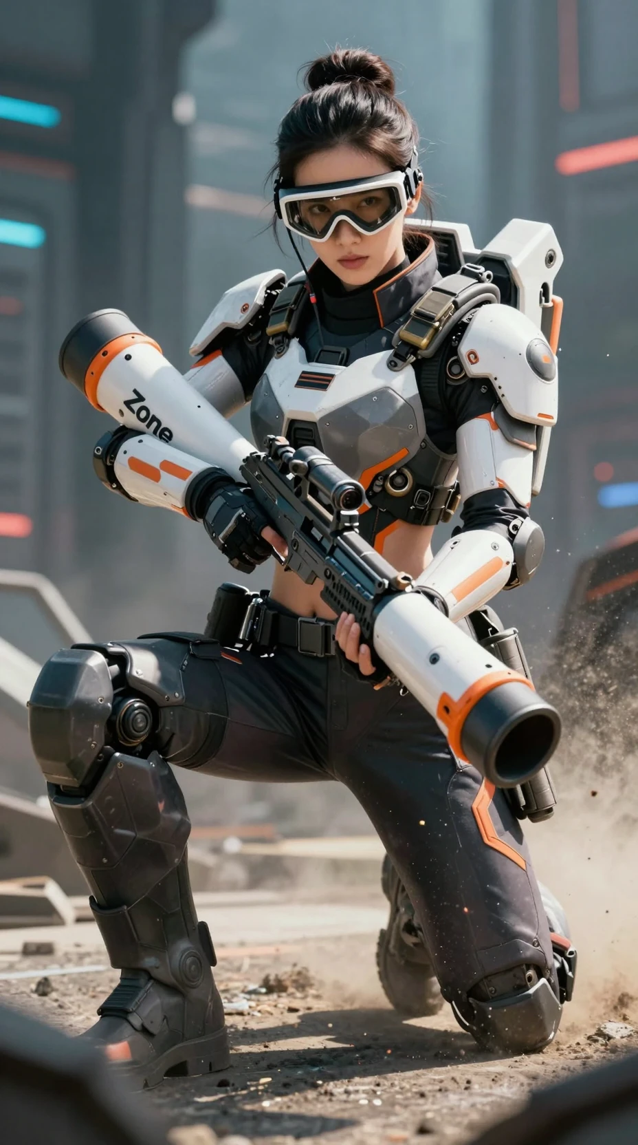 Mulher de ficção científica blindada mirando morteiro em cidade cyberpunk