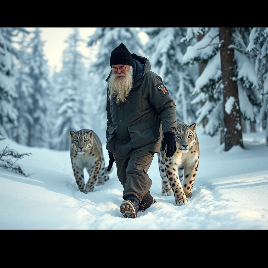 Elderly arctic rescuer walking beside a snow leopard