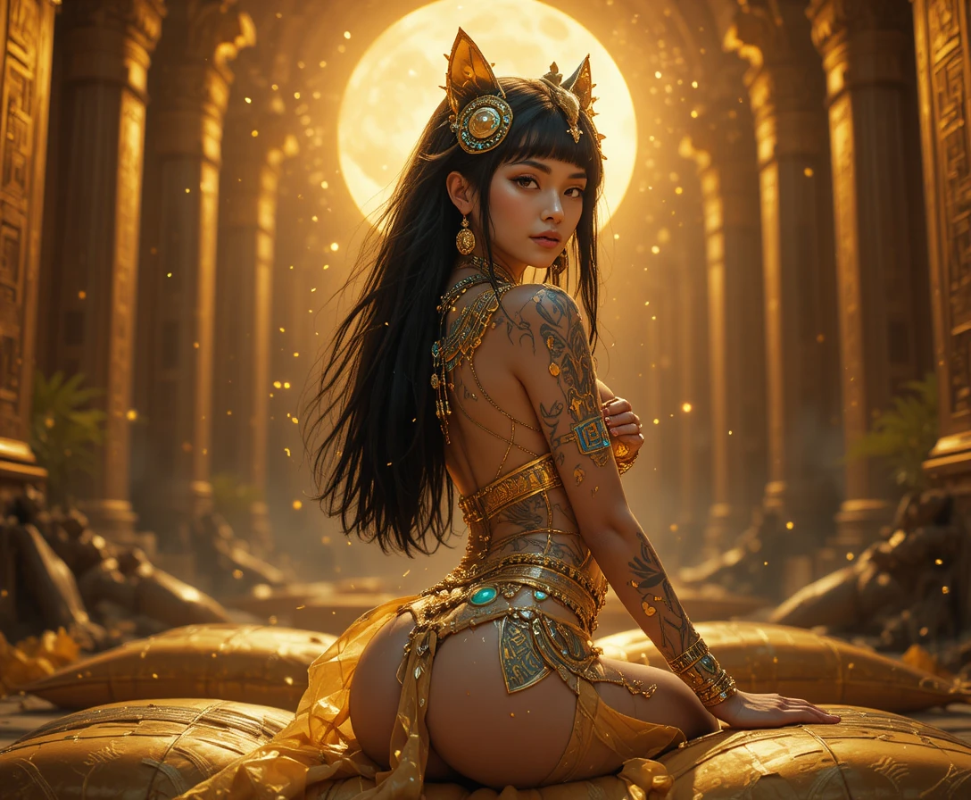 Mystical egyptian demon woman in ornate golden headdress
