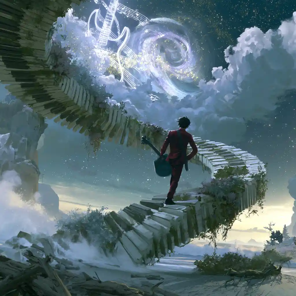 Man climbing spiral piano keys into a glowing sky portal