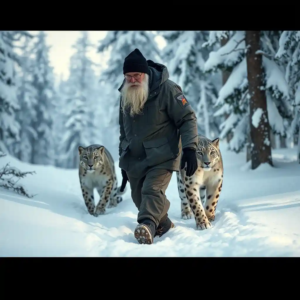 Elderly arctic rescuer walking beside a snow leopard