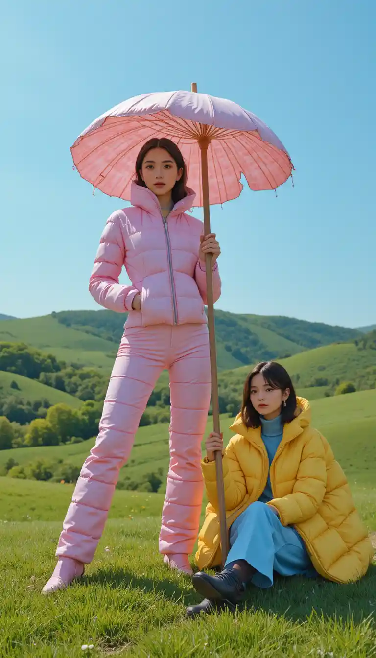 Avant garde fashion models on bright green hillside