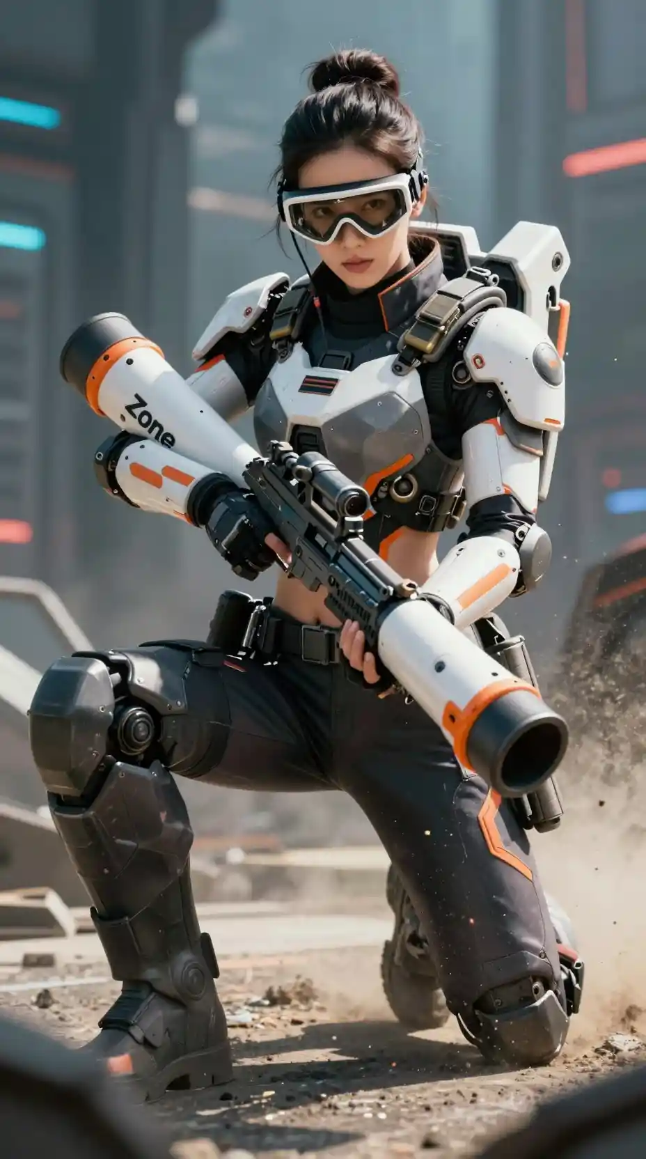 Armored sci fi woman aiming mortar in cyberpunk city