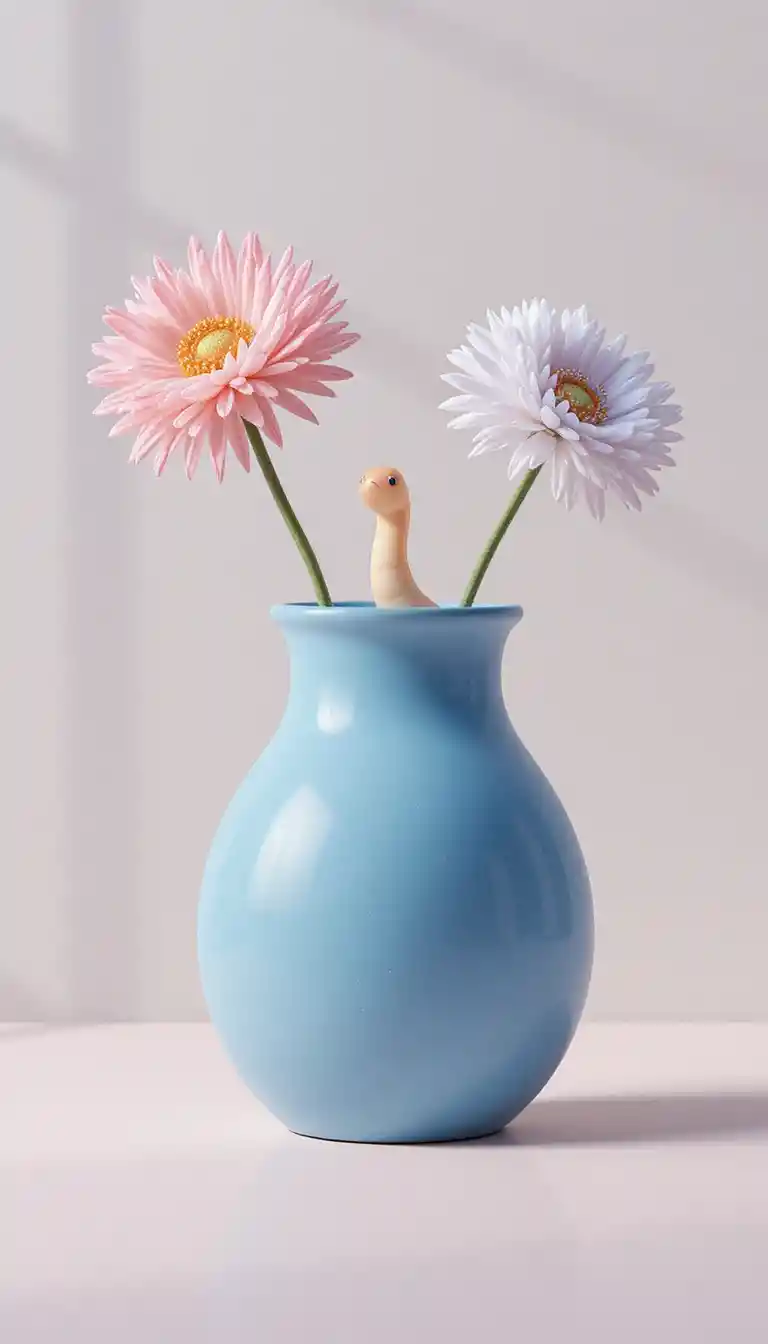 Blue vase with shy iridescent worm in soft pastel scene