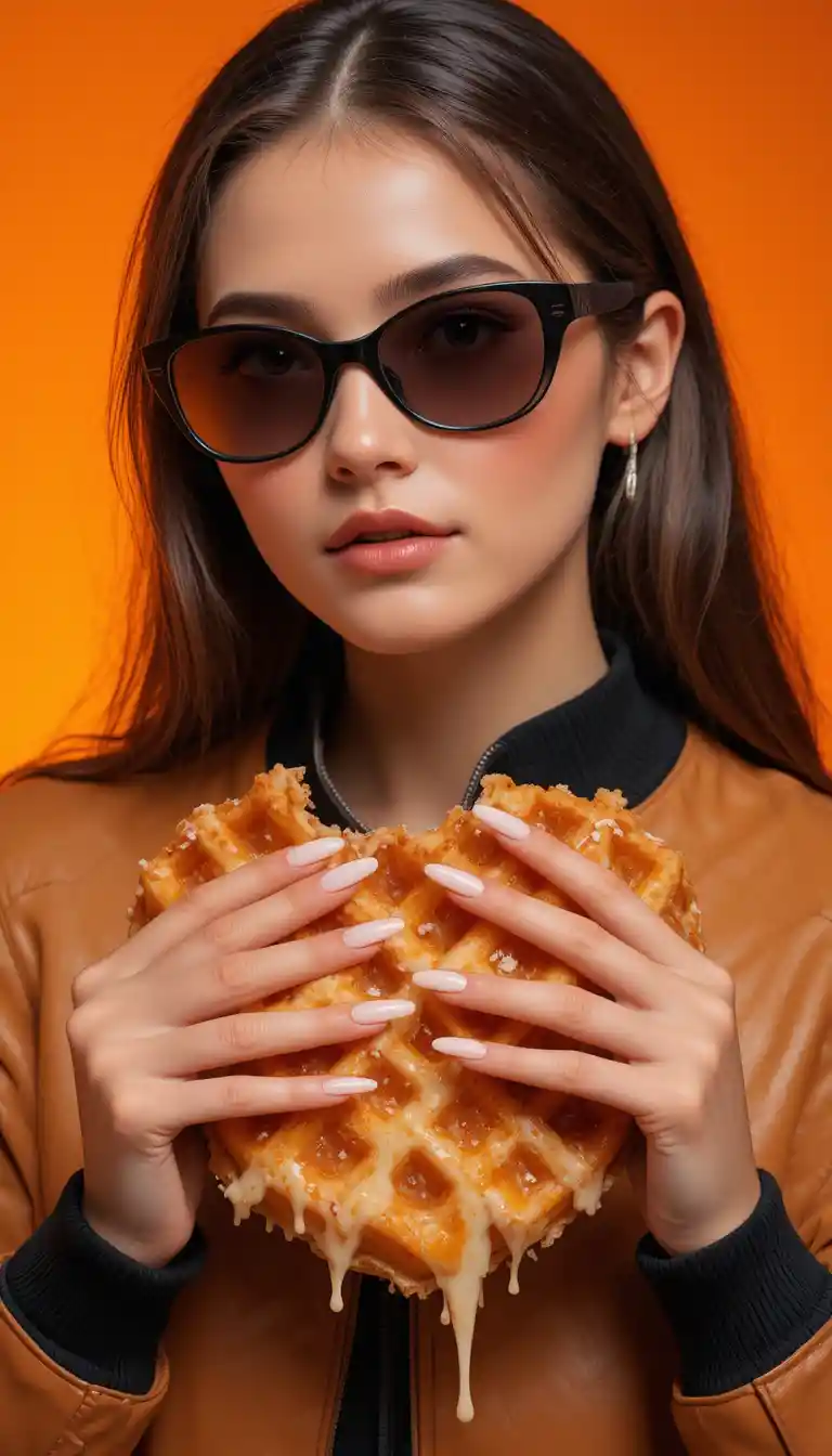 Fashion woman in waffle texture bomber jacket with nails