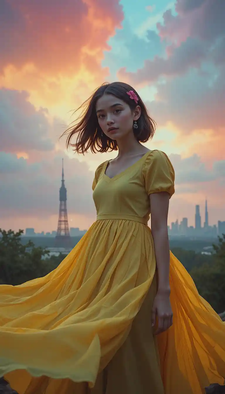 Young girl in a flowing dress under richly colored skies