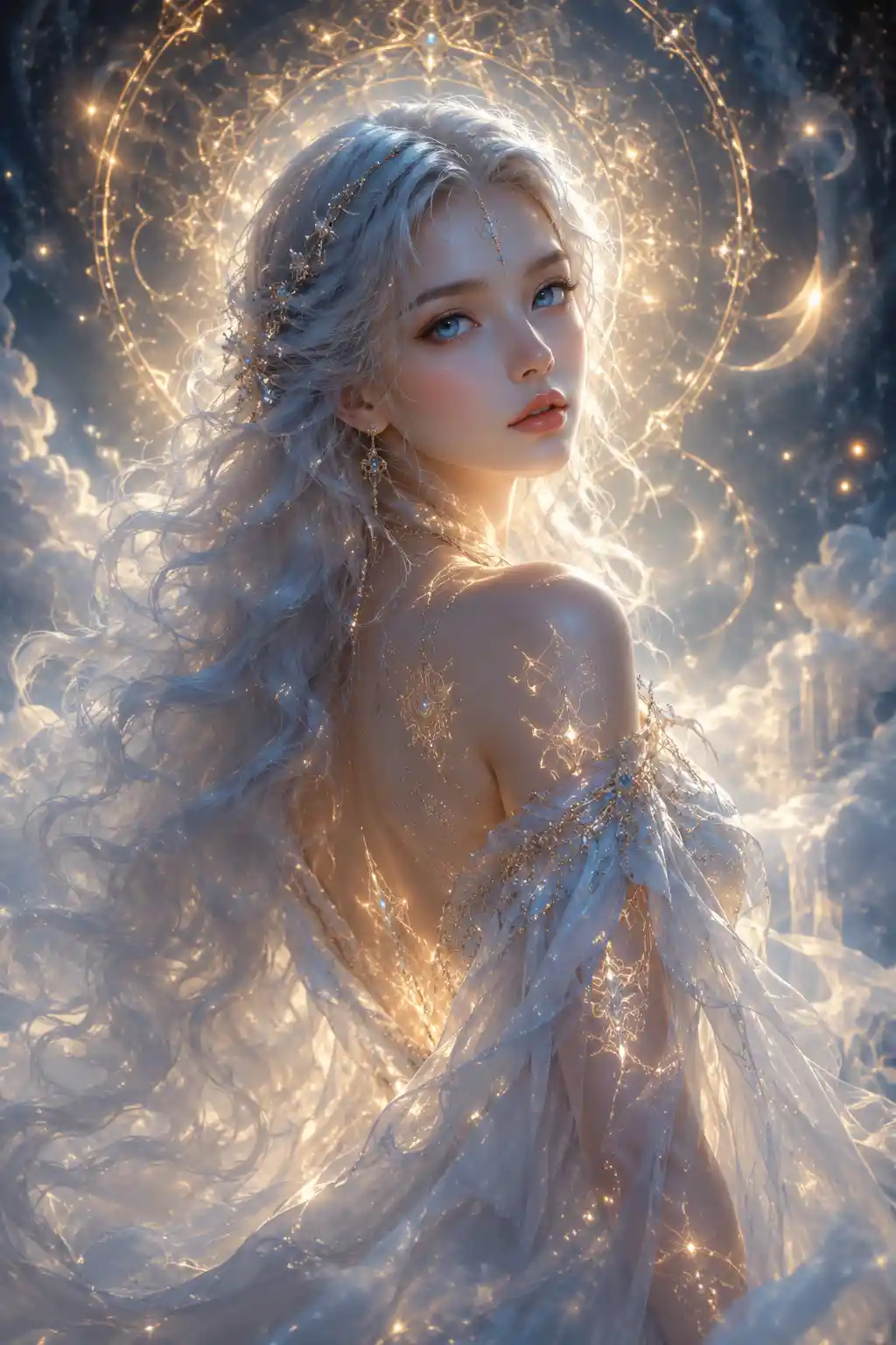 Ethereal woman glowing in soft golden dreamlike fog