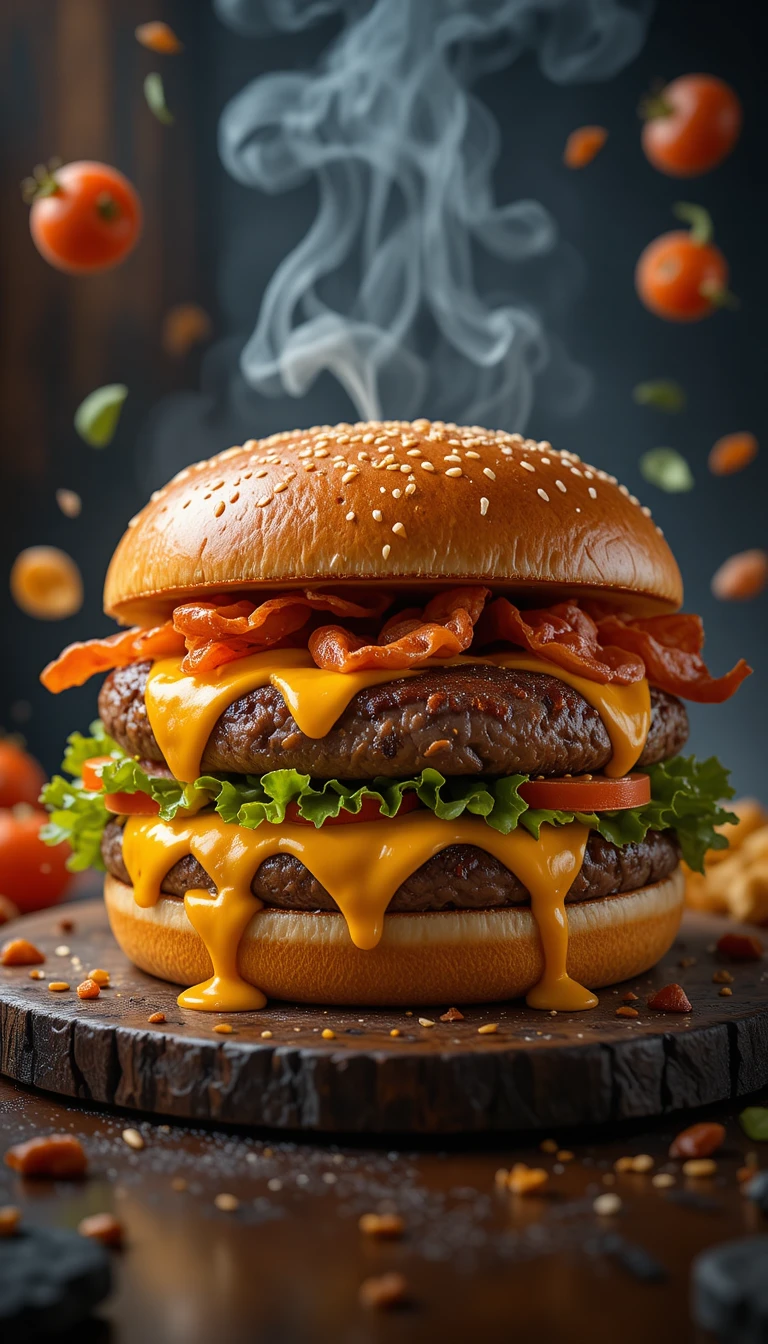 Gourmet cheeseburger with bacon and fresh toppings