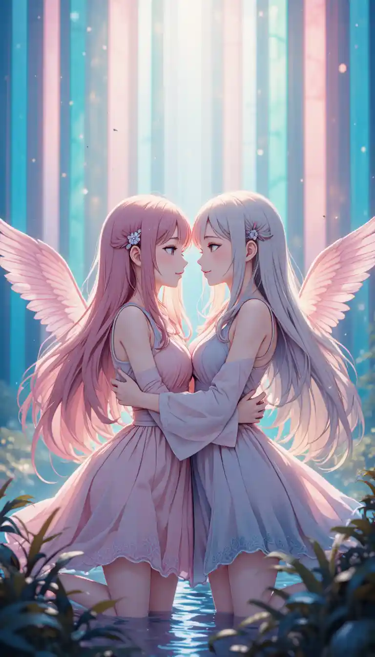 Two anime heroines hugging with wings and rainbow hair
