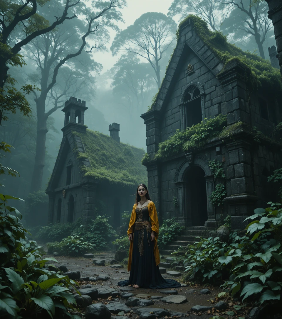 Woman in golden mask in ruined dark stone village