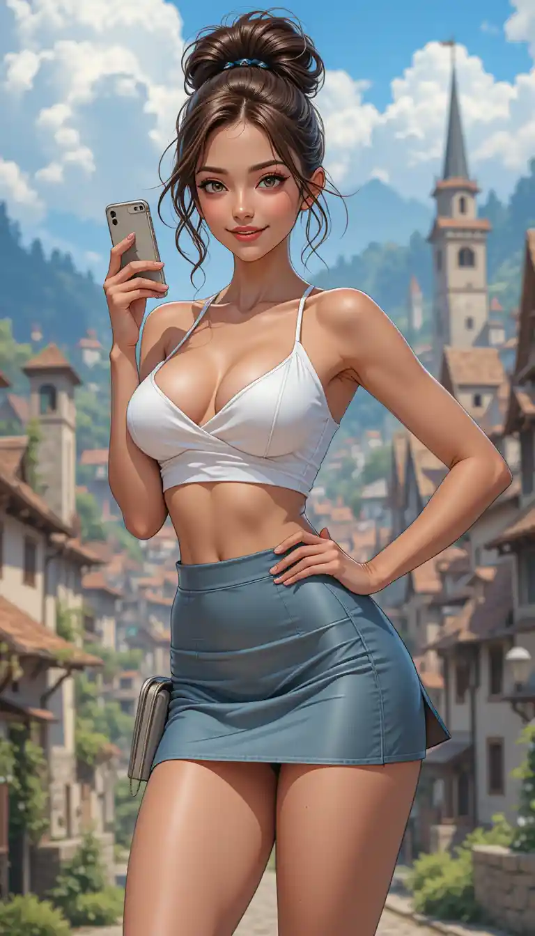Tanned anime girl with phone in medieval town street