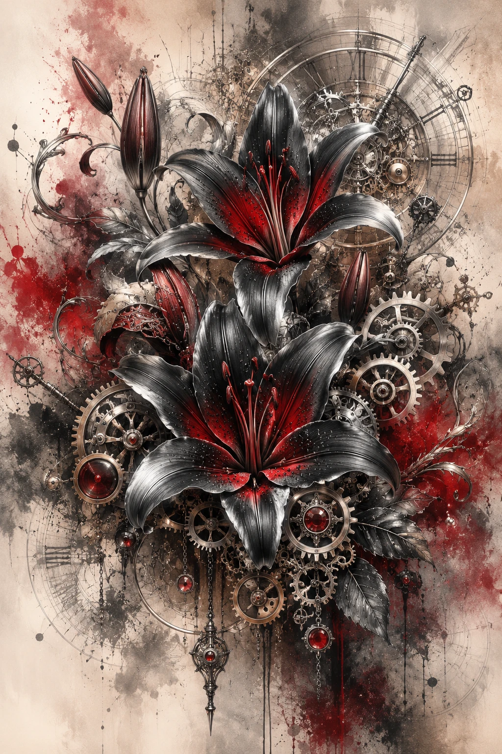 Steampunk lilies with gears and metallic abstract background