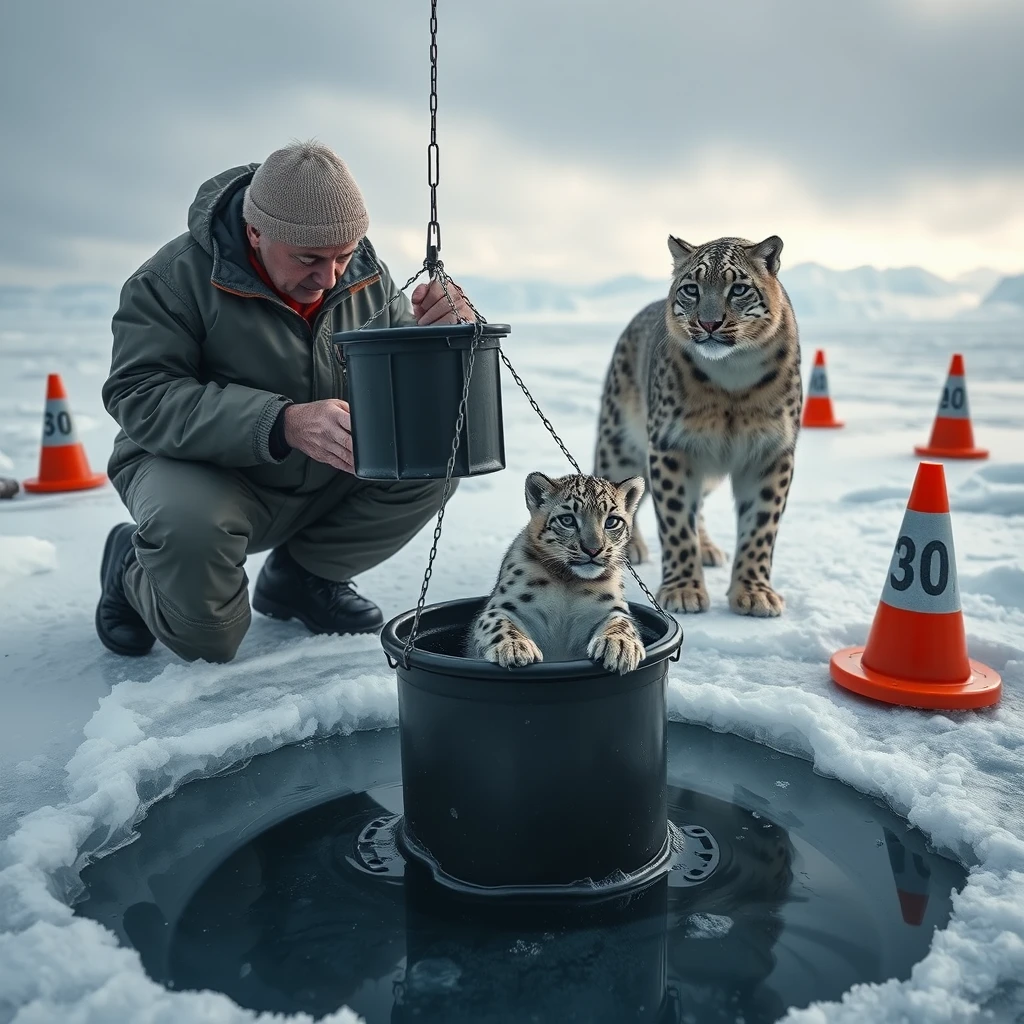 Rescuer saving a snow leopard cub from a frozen ice hole