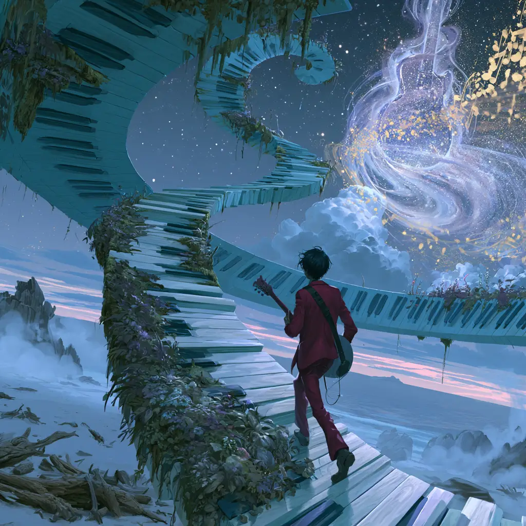 Man climbing spiral piano keys toward cosmic guitar portal