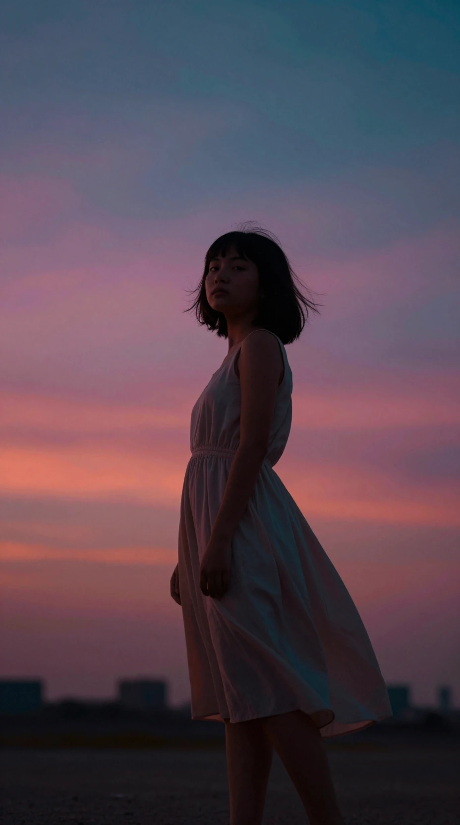 Young girl in a flowing dress under richly colored skies