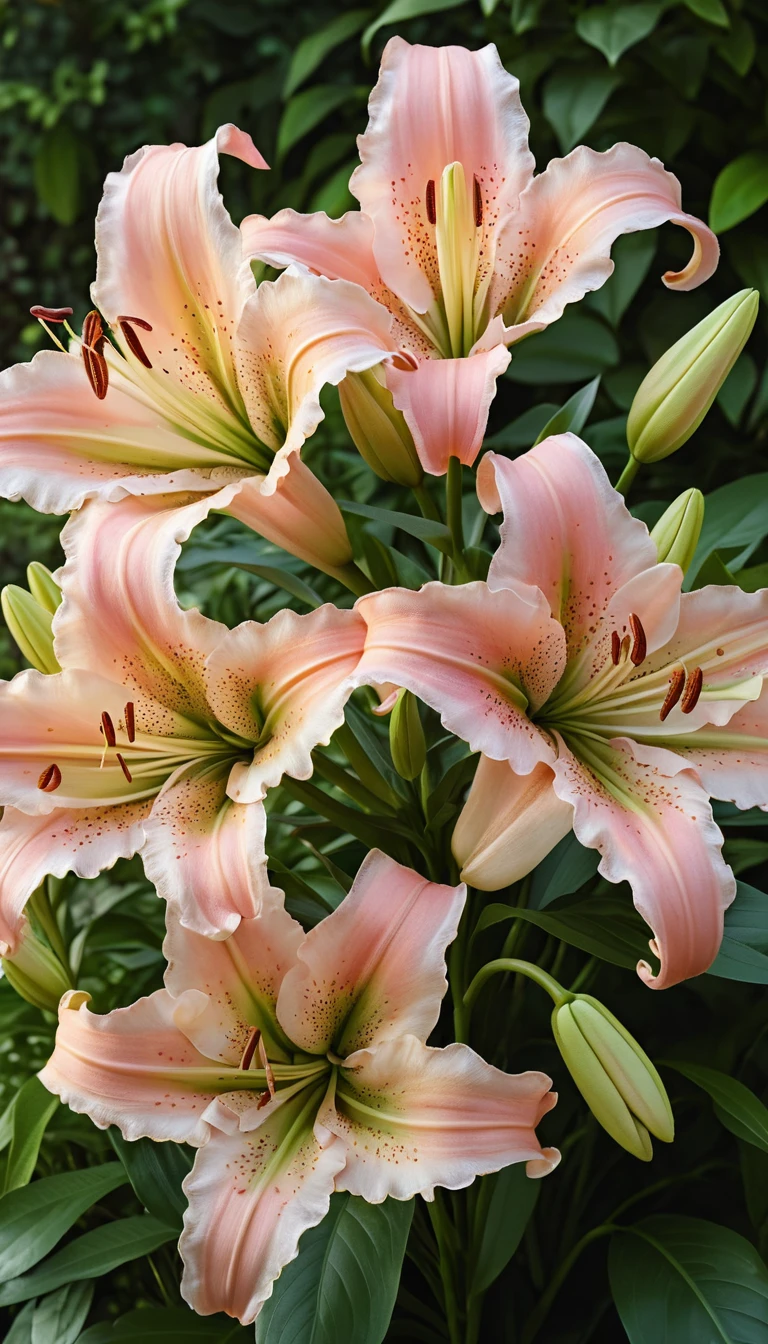 Candy pink oriental lilies in sunny garden close up