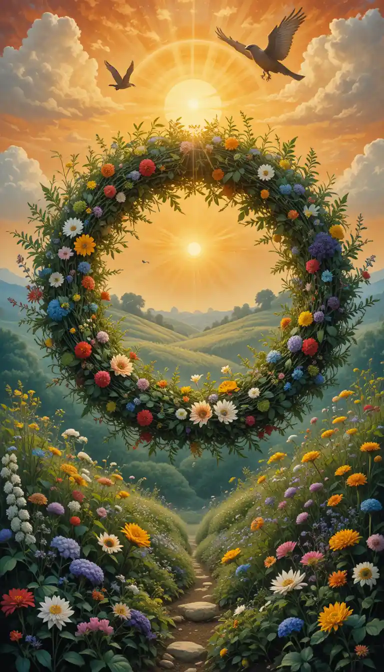 Midsummer wreath at sunrise in a bright countryside scene