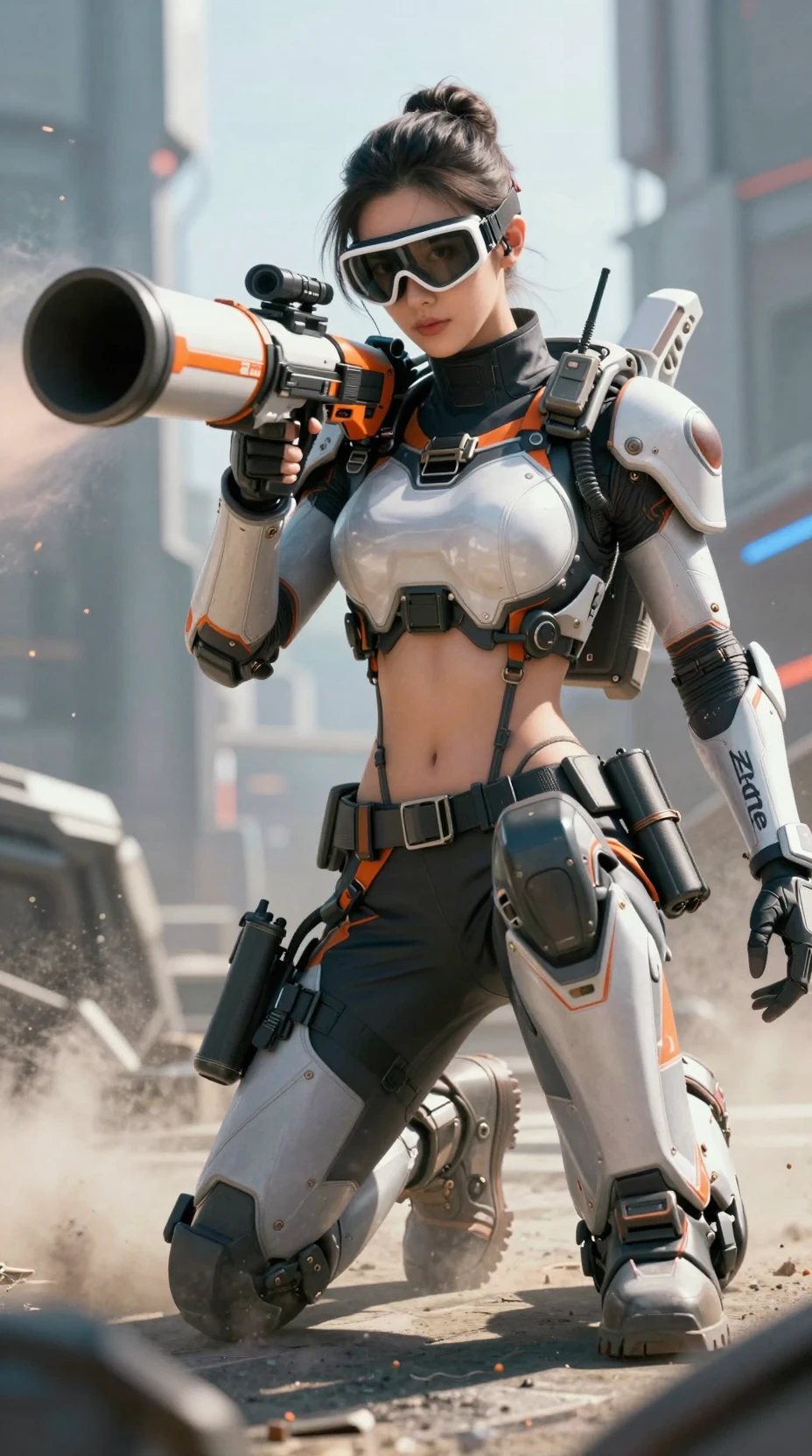 Armored Chinese woman aiming exoskeleton mortar in city