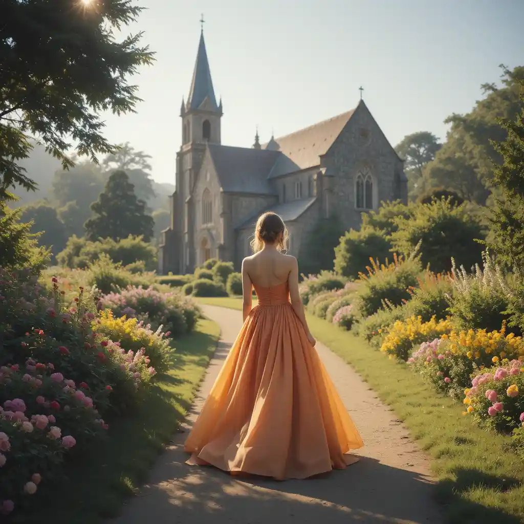 Elegant woman walking toward a historic church garden