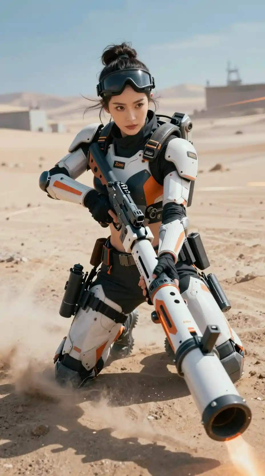 Cyberpunk Chinese woman in exoskeleton aiming heavy mortar