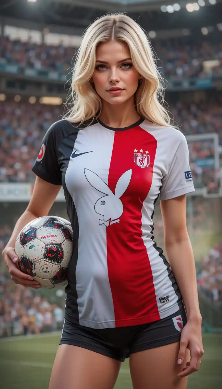 Blonde woman holding soccer ball in revealing team outfit