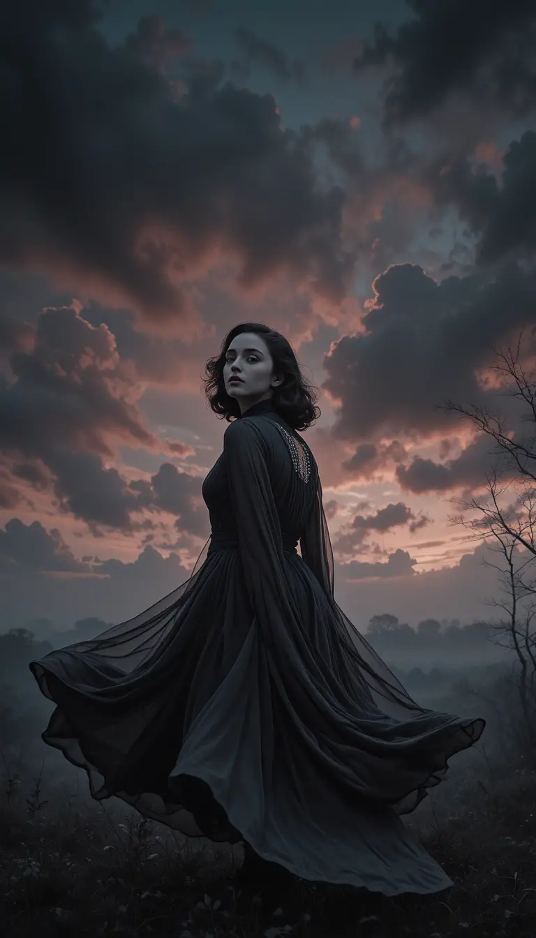 Young girl in a flowing dress under richly colored sky