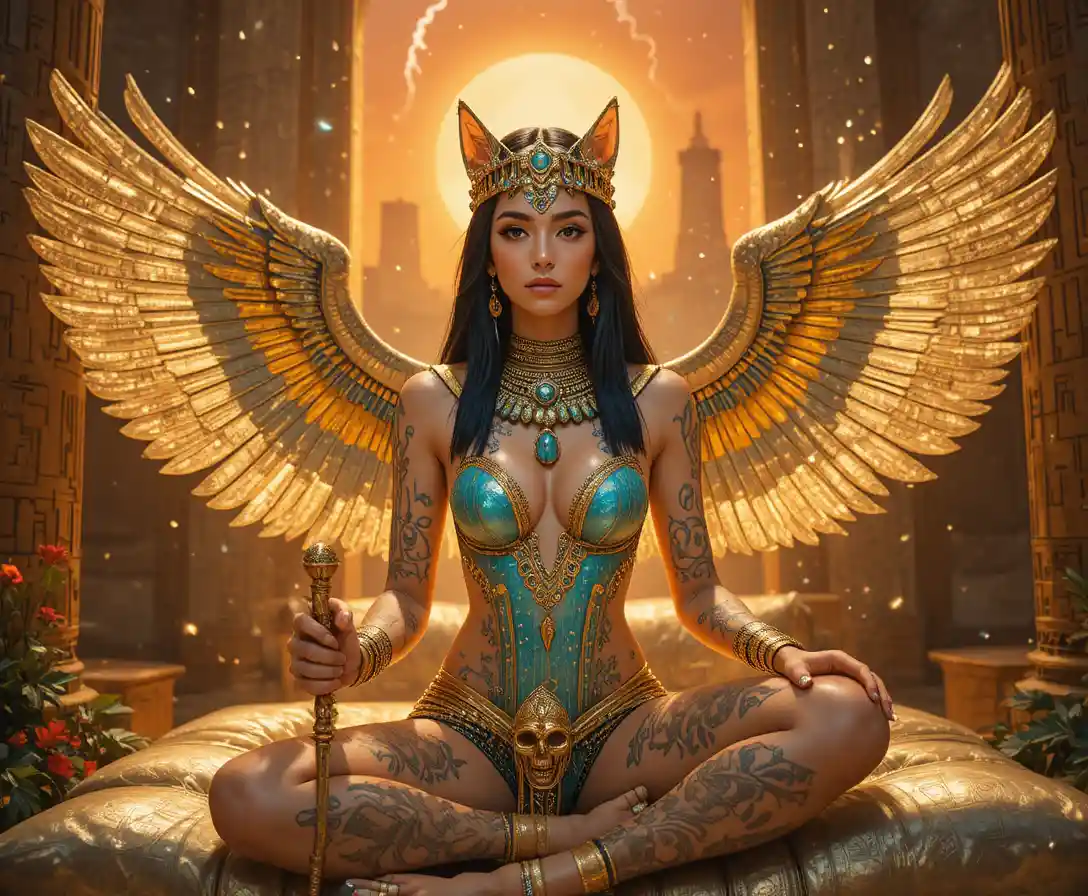 Egyptian demon queen with golden ankh in temple glow