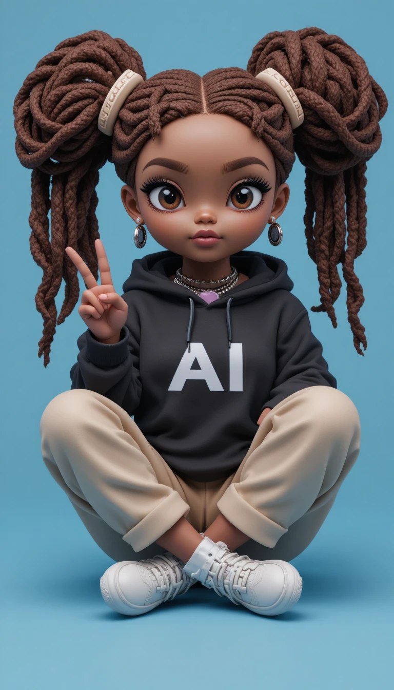 3D girl toy character giving a peace sign