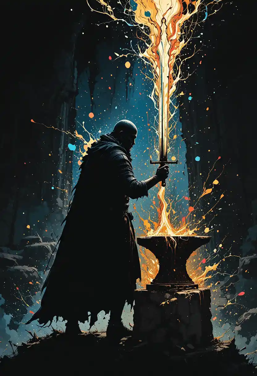Surreal ink illustration of a sword in a stone