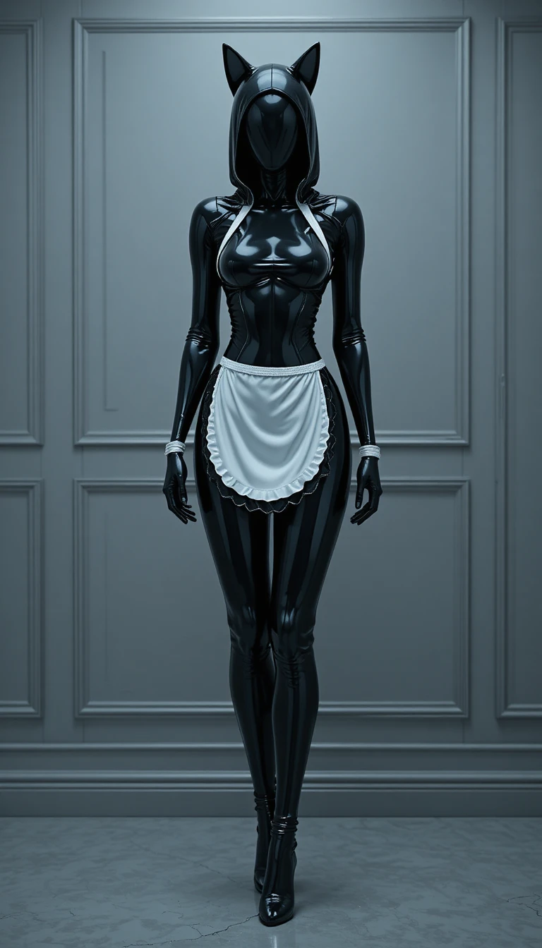 Full body latex clad android woman in maid outfit