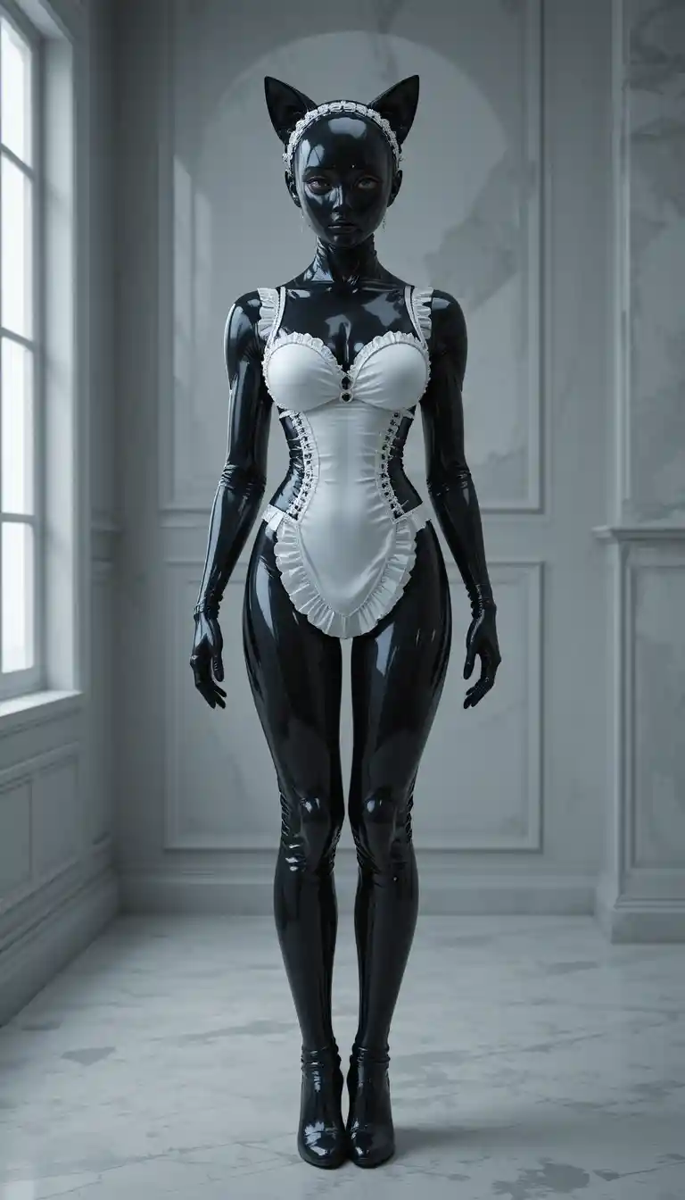 Android in black latex catsuit and maid outfit in room