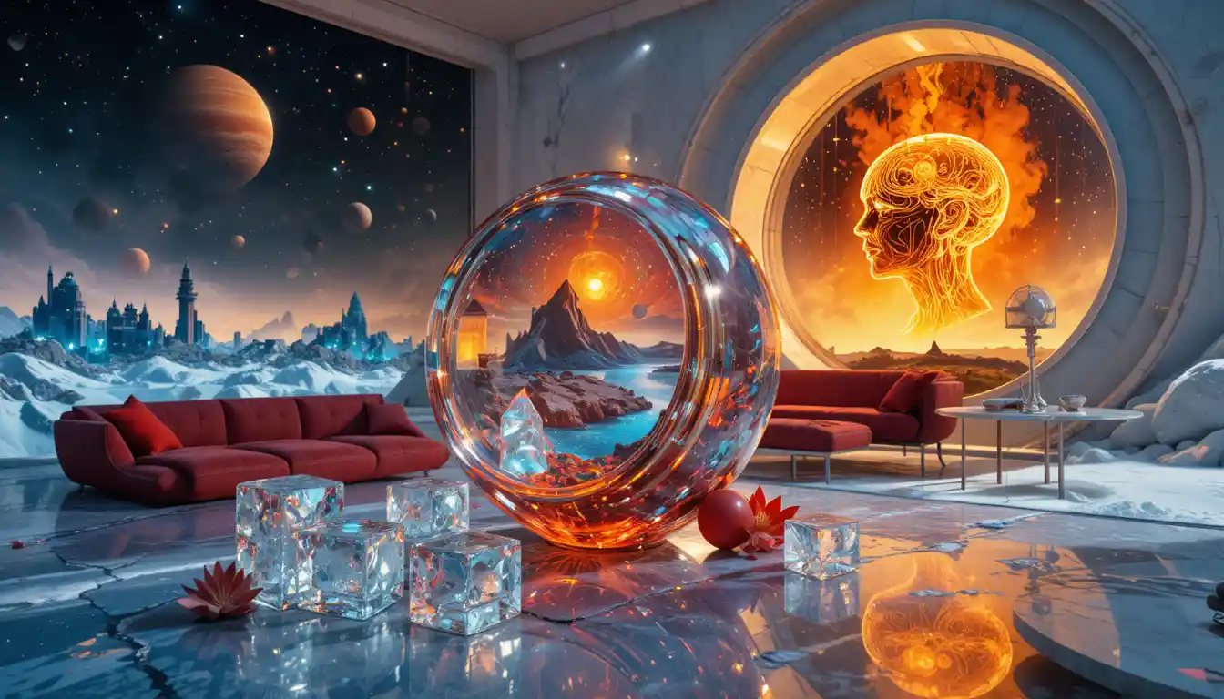 Futuristic glass sculptures on reflective surface with spheres