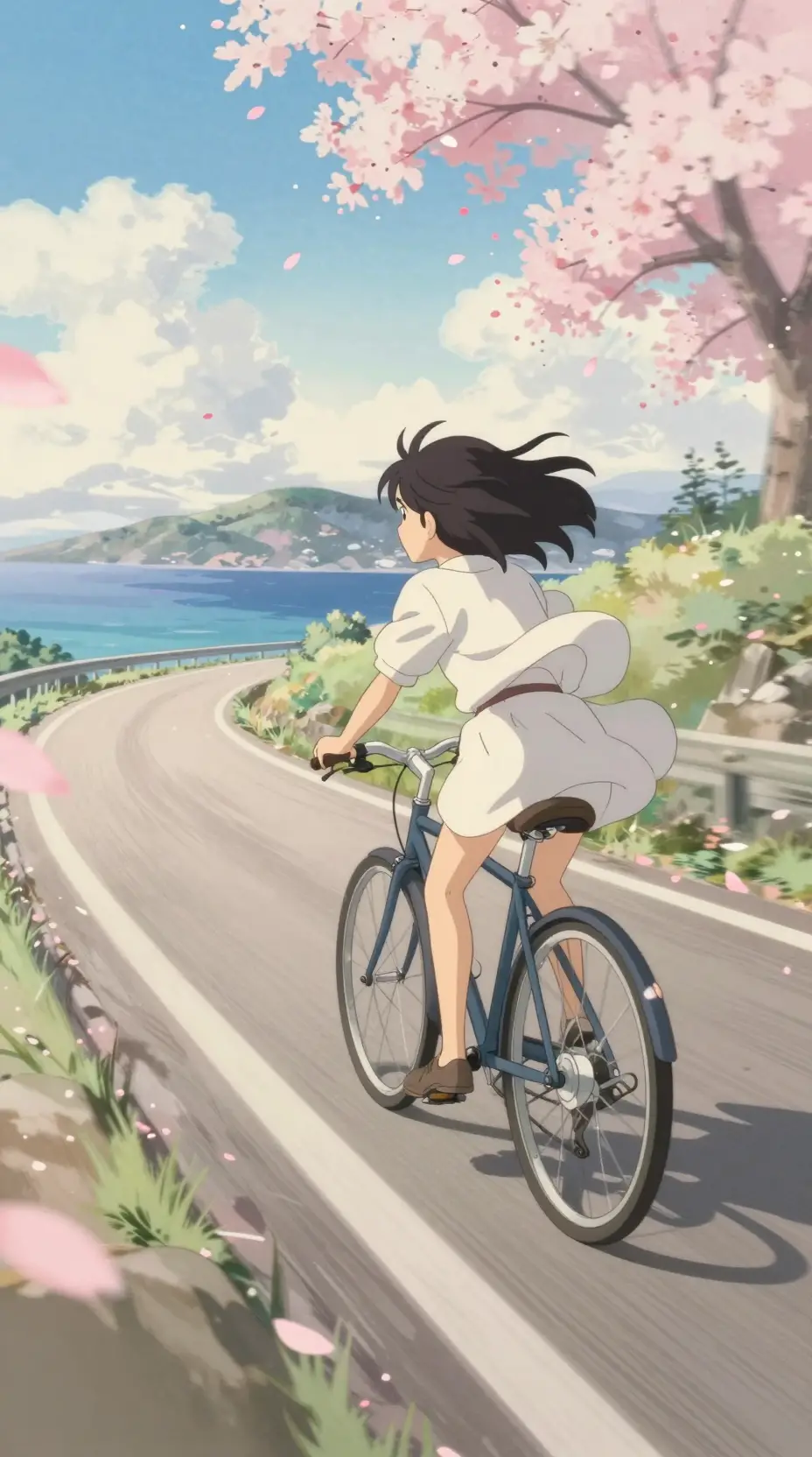 Anime girl cycling fast down a serene coastal hill