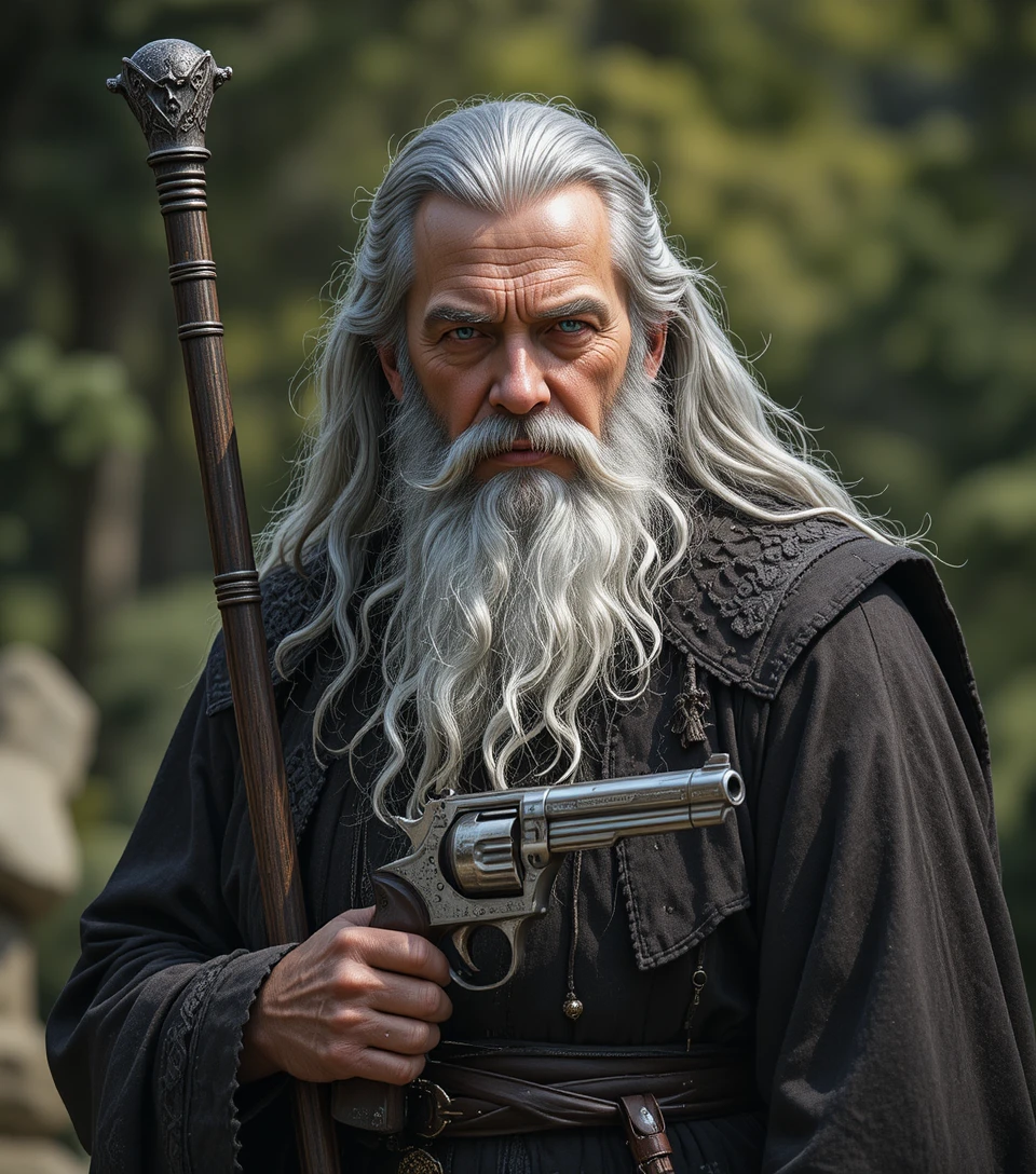 Wizard with a silver handgun in bright fantasy sunlight