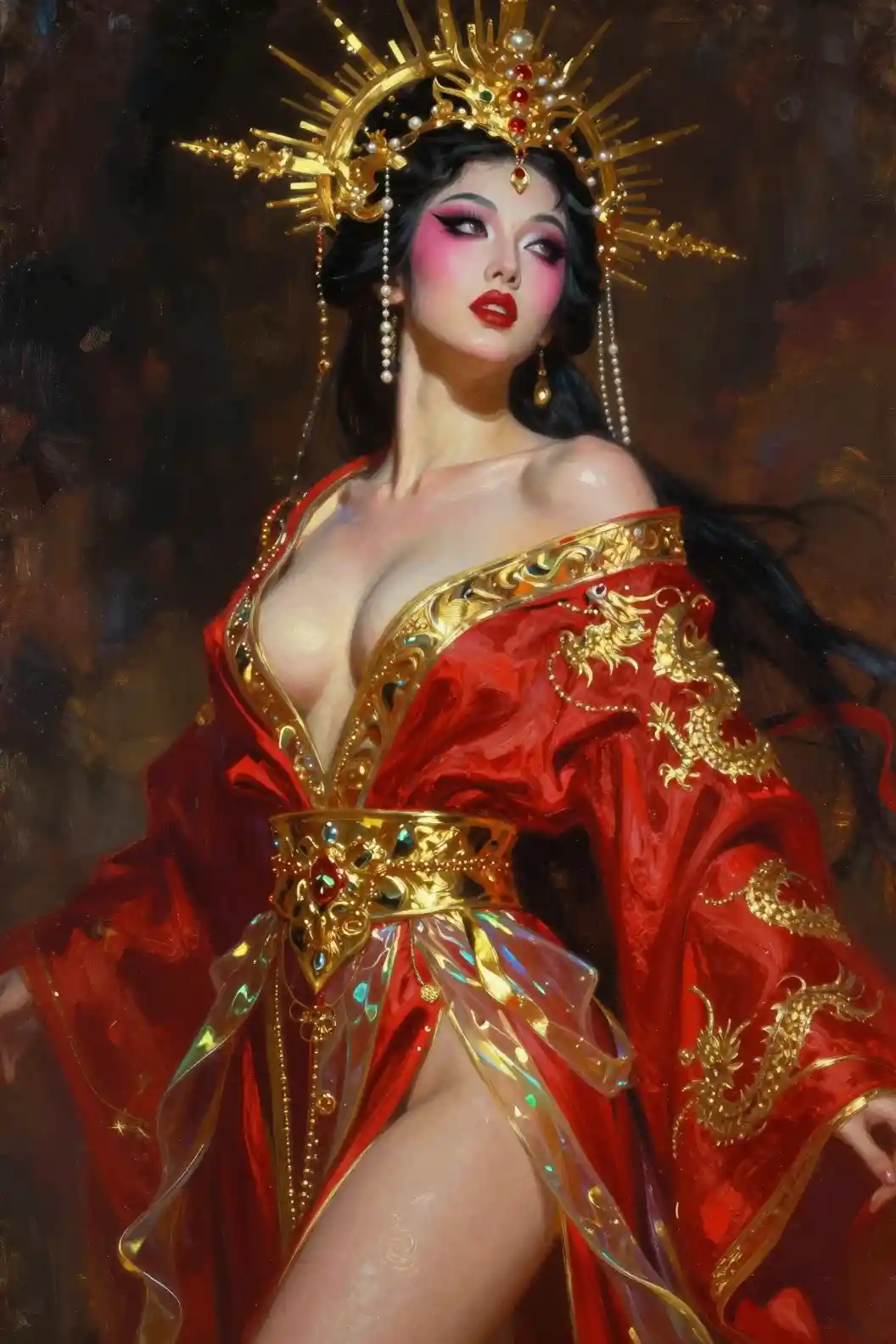 Mythic warrior priestess in ornate red silk regalia