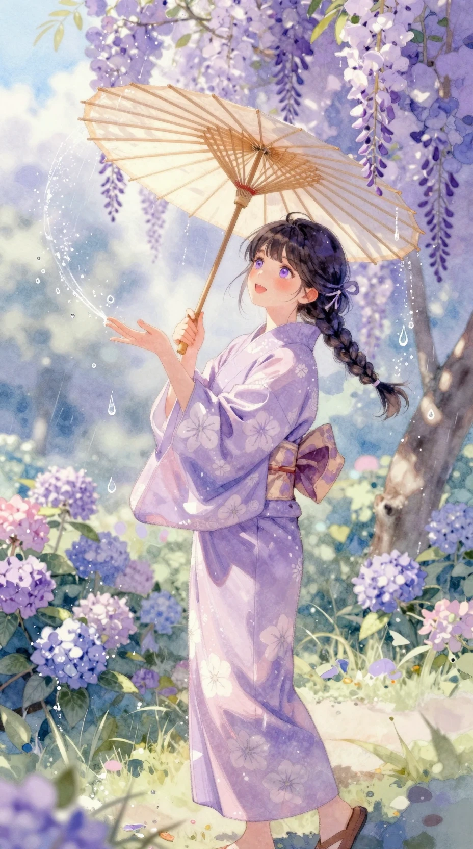 Watercolor anime girl with umbrella in floral garden