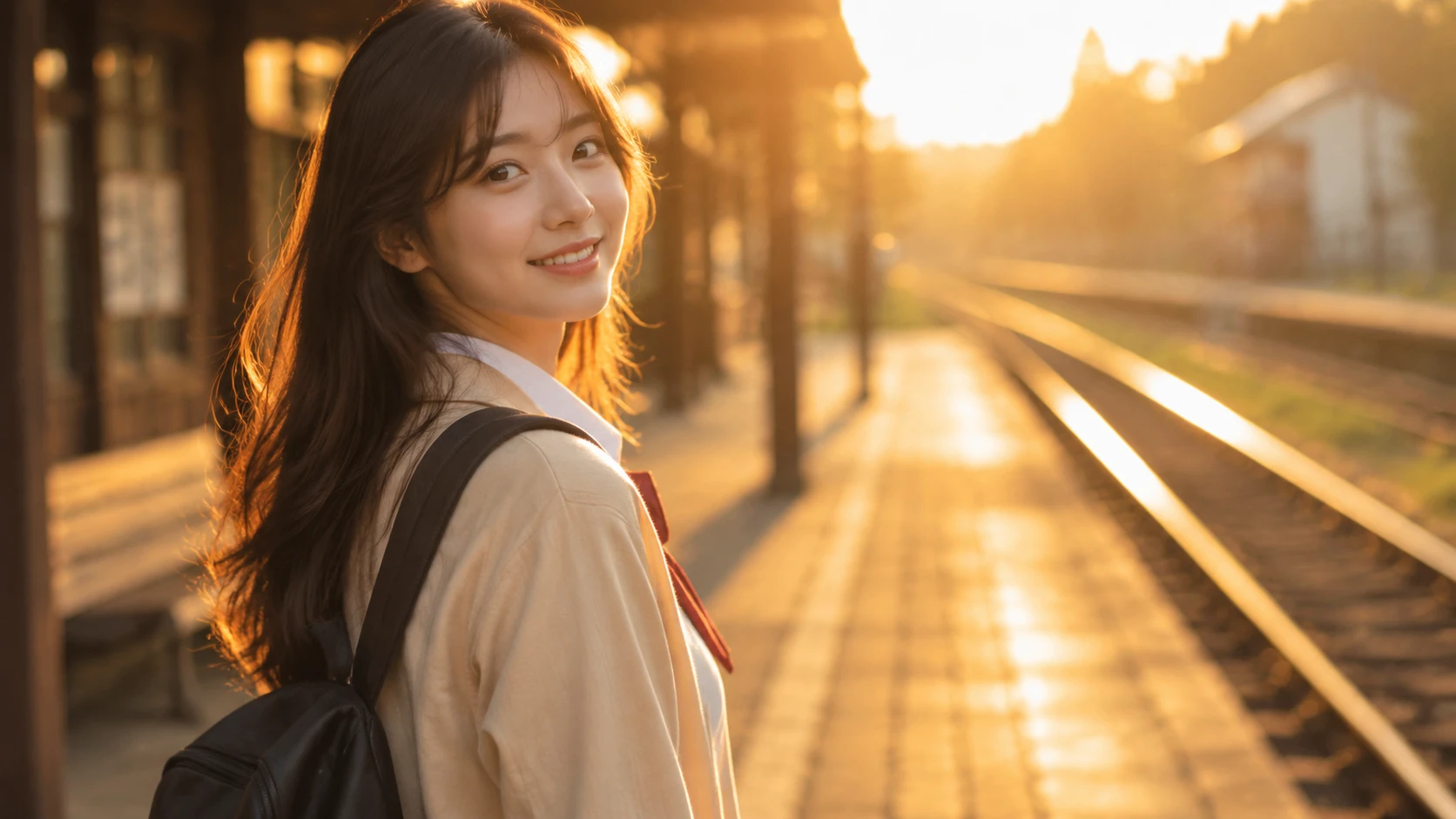 Joven japonesa sonriendo en un andén de tren al atardecer