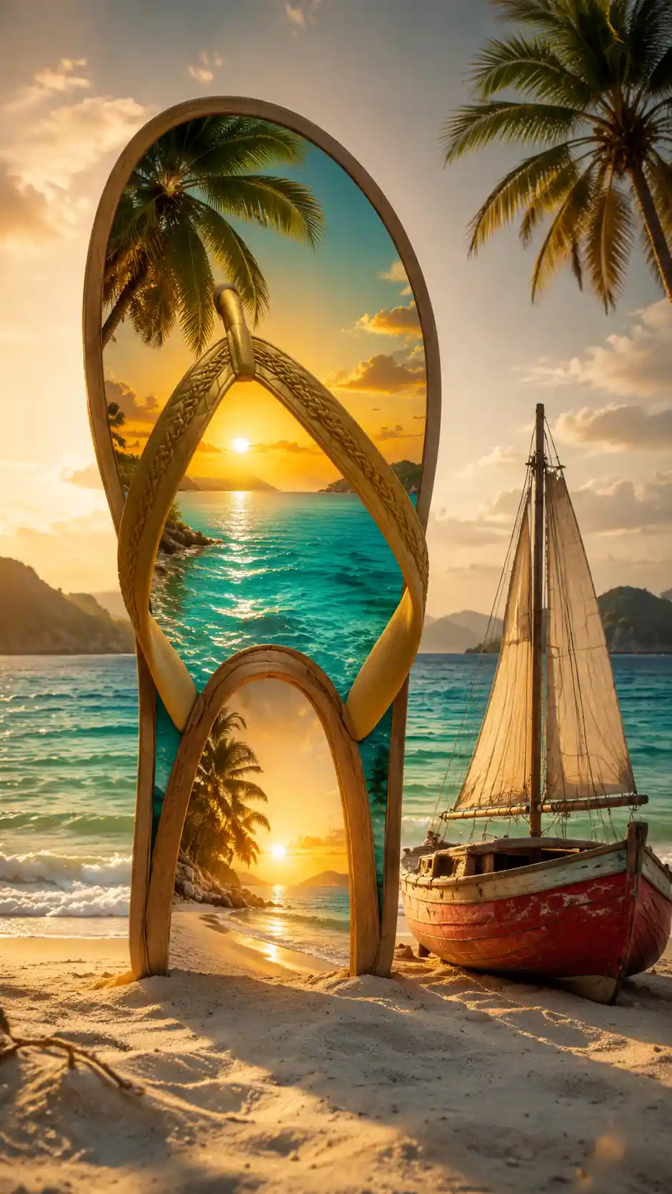 Surreal flip flop portal opening onto a tropical beach