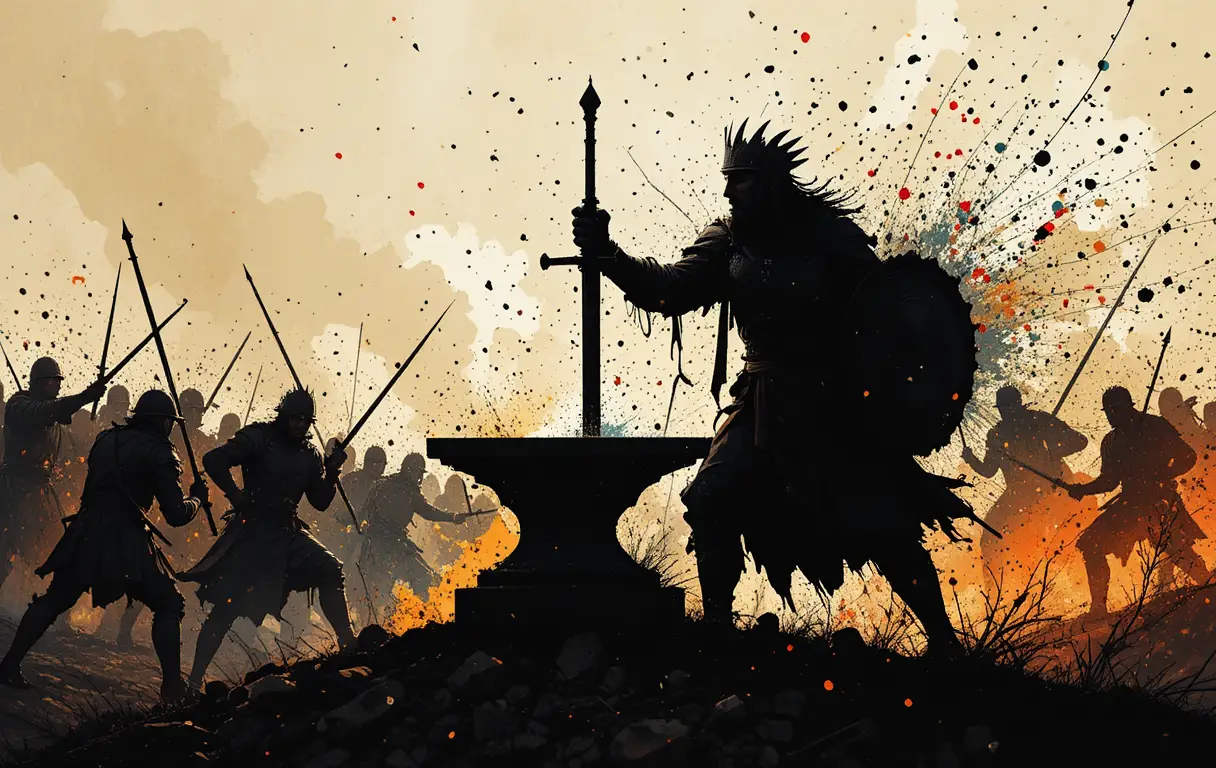 Sword In The Stone Amid A Dramatic Fantasy Battle