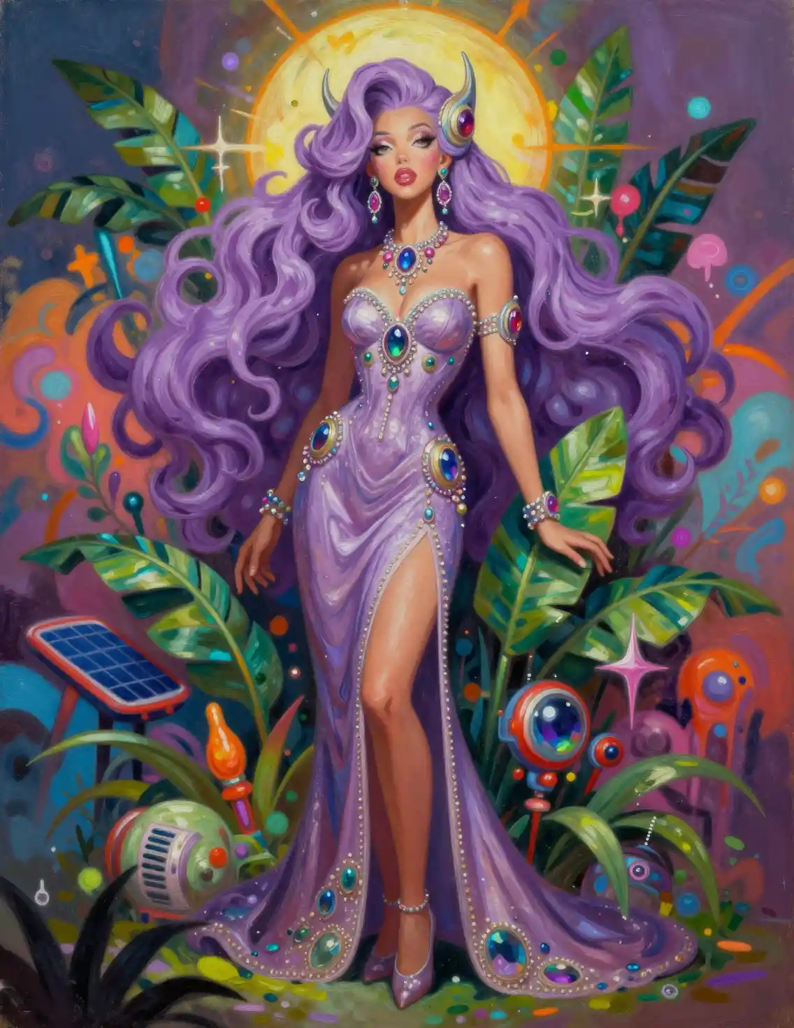 Solarpunk woman in lilac gown amid futuristic plants