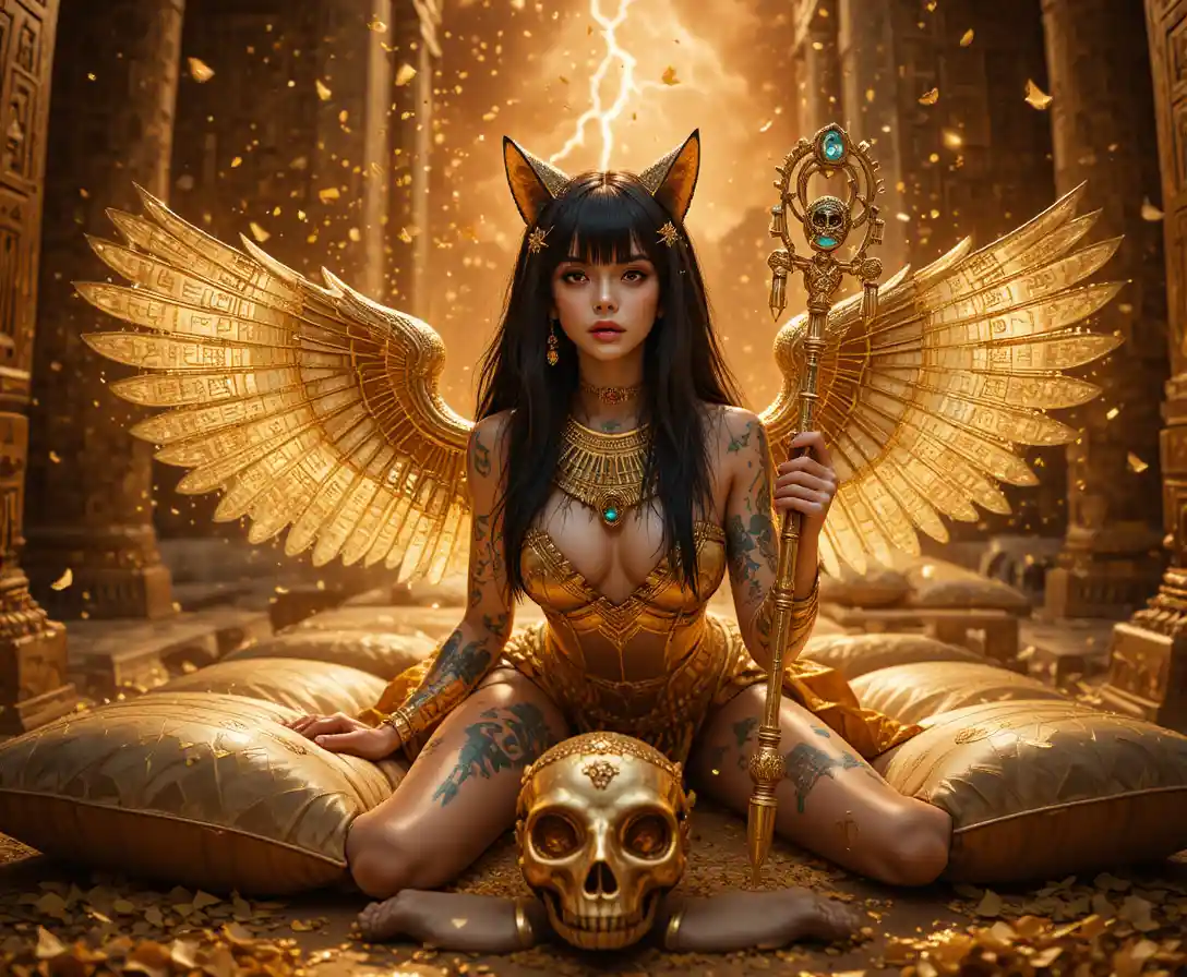 Mystical Egyptian demon woman with golden ankh staff