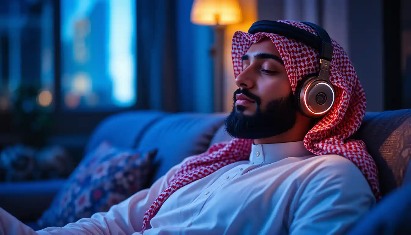Man in white thobe relaxing with headphones at night