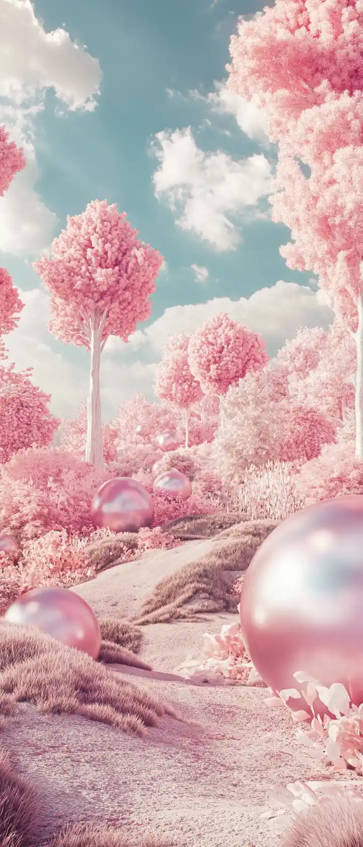 Cheerful surreal landscape in soft pastel metallic tones