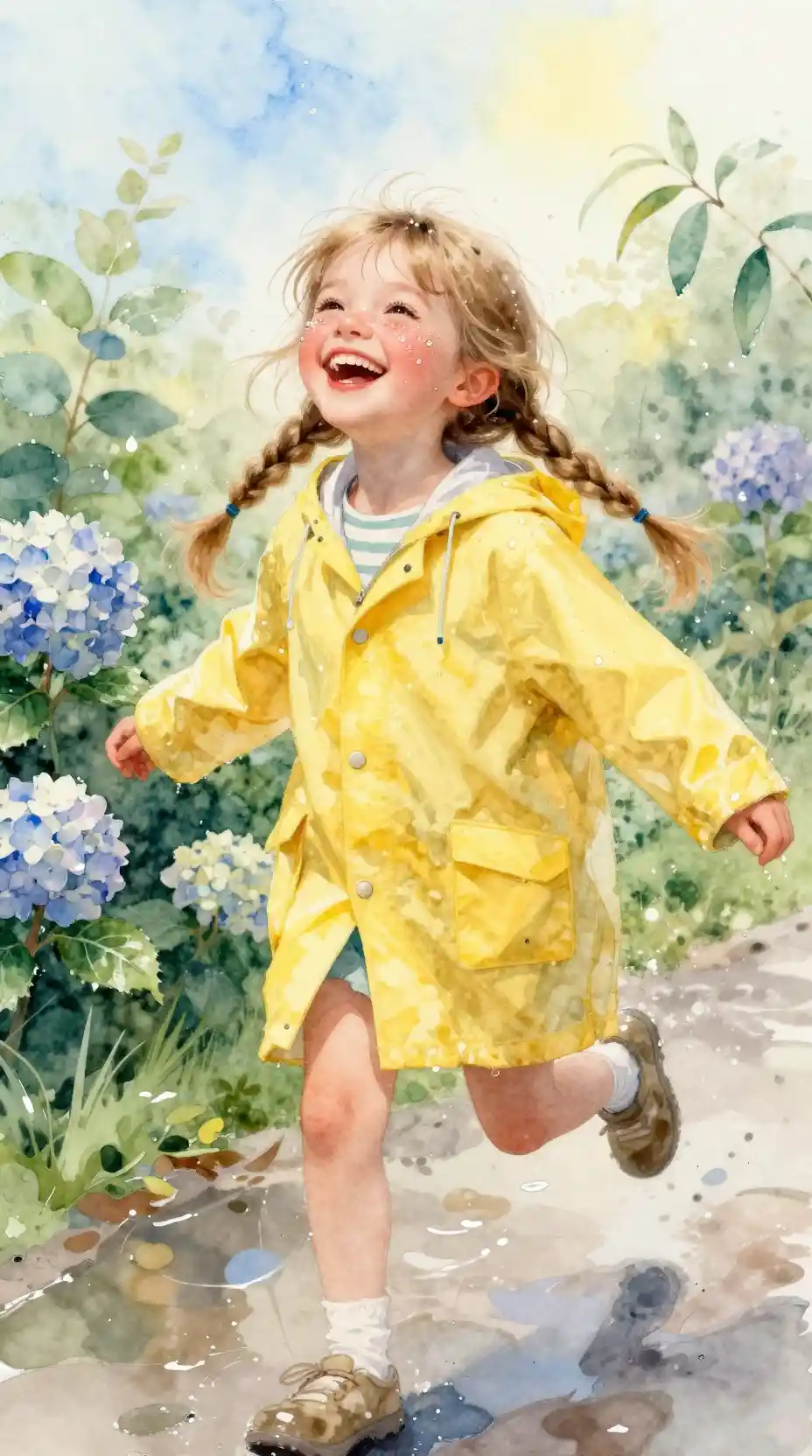 Laughing girl in yellow raincoat watercolor portrait