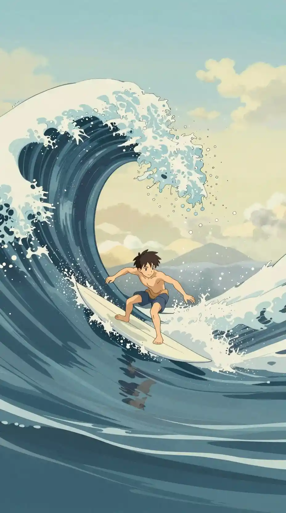 Anime boy surfing a towering ocean wave in soft light