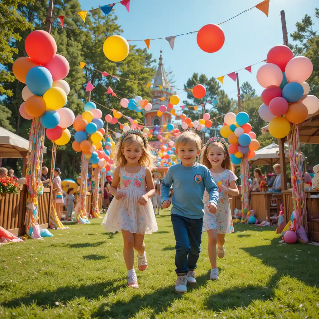Smiling children run into a colorful park party scene